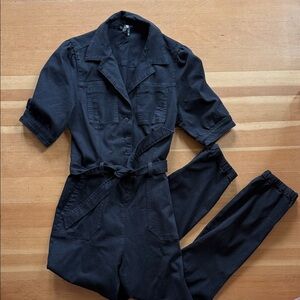 PAIGE Black Short-Sleeve Utility Jumpsuit with Tie Waist